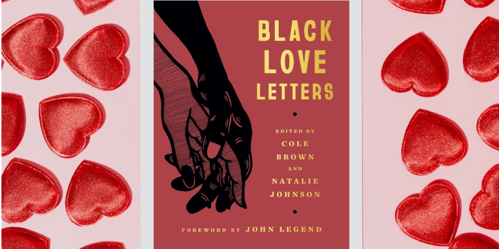 The book "Black Love Letters" appears on a light pink background surrounded by red velvet hearts.